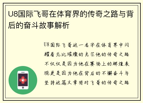 U8国际飞哥在体育界的传奇之路与背后的奋斗故事解析